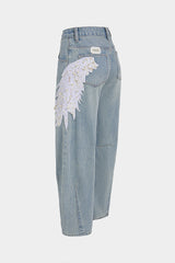 "Denim Feather Pearls Decor Wide Leg Jeans"