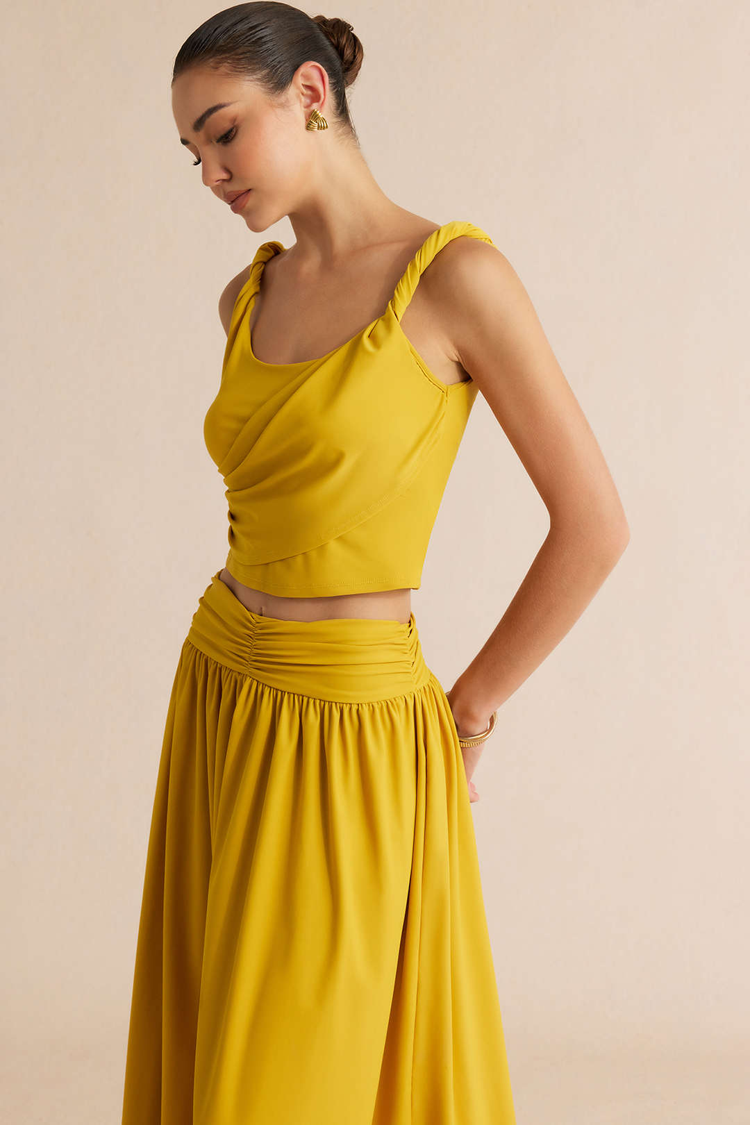 "Asymmetrical Ruched Twist Knot Cami Top And Ruched Skirt Set"