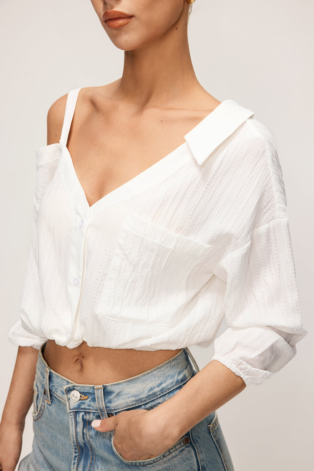"Button Asymmetrical Backless Long-Sleeve Shirt"