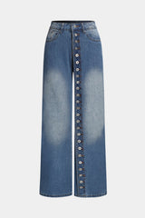 "Denim Button High Waist Straight Leg Jeans"