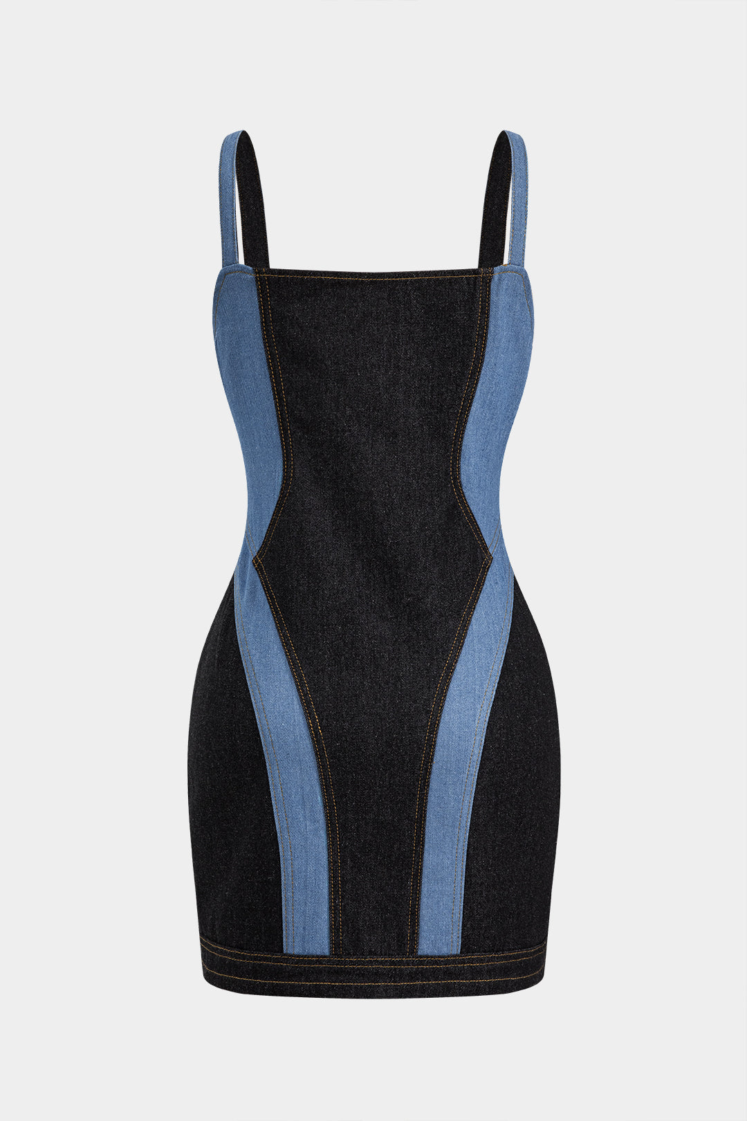 "Contrast Denim Patchwork Zipper Bustier Dress"