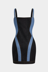"Contrast Denim Patchwork Zipper Bustier Dress"