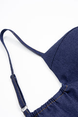 "Denim Asymmetrical Ruched Bustier Belted Zipper Maxi Dress"