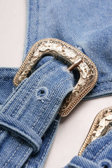 "Denim Halter V-Neck Cut Out Buckle Backless Sleeveless Dress"