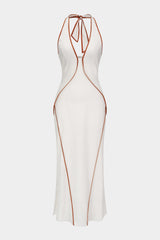 "Contrast Binding Halter V-Neck Sleeveless Midi Dress"