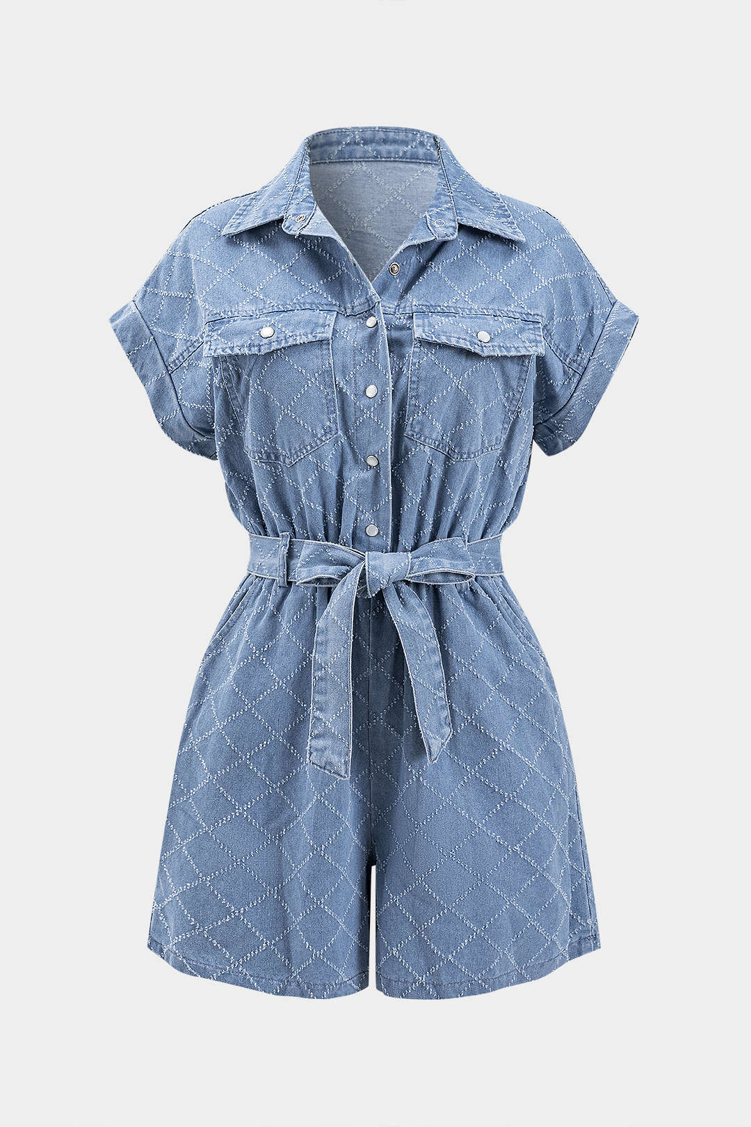 "Denim Lapel Belted Pocket Short Sleeve Romper"
