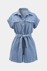 "Denim Lapel Belted Pocket Short Sleeve Romper"