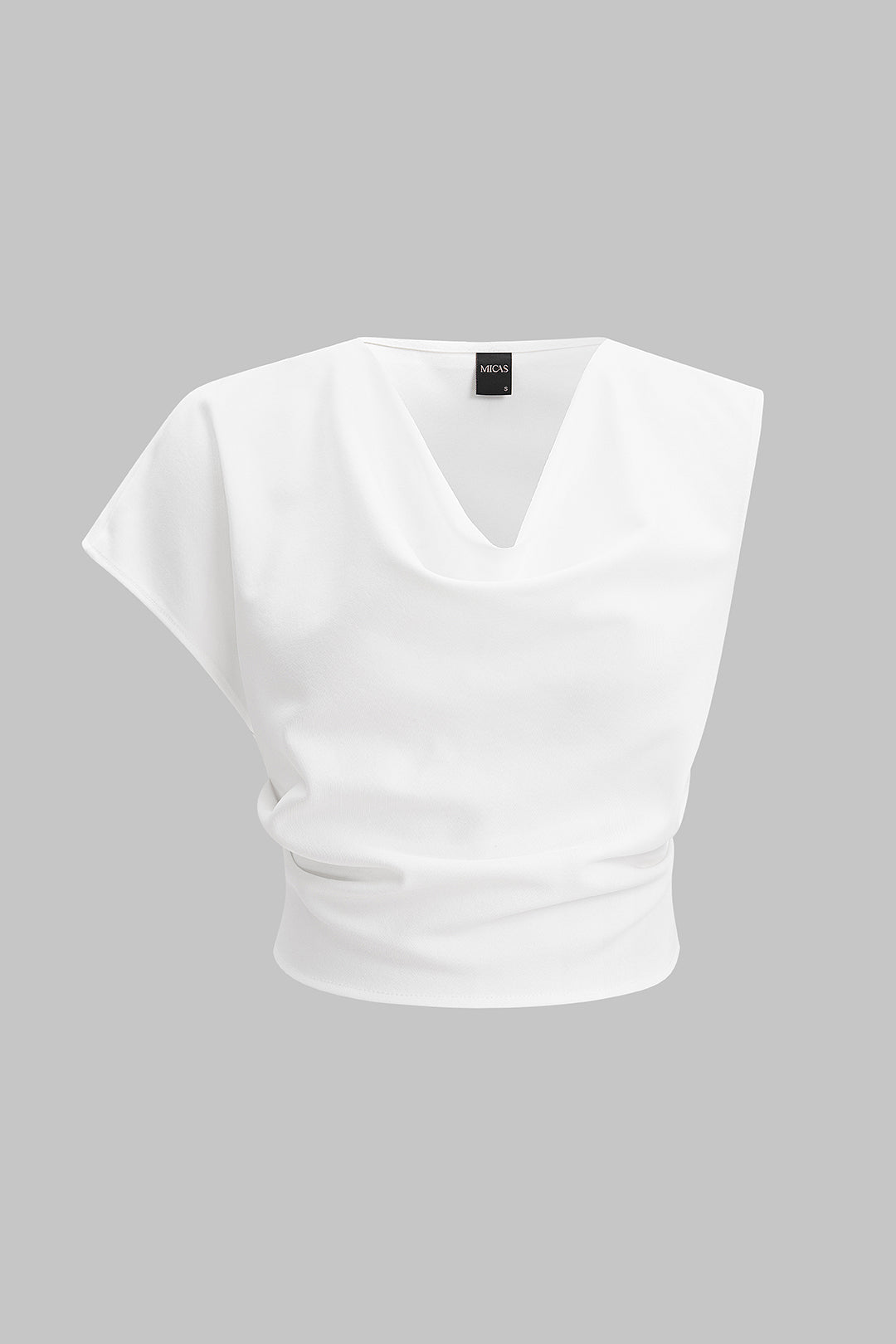 "Asymmetrical Draped Cowl Neck Short-Sleeve Shirt"