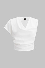 "Asymmetrical Draped Cowl Neck Short-Sleeve Shirt"