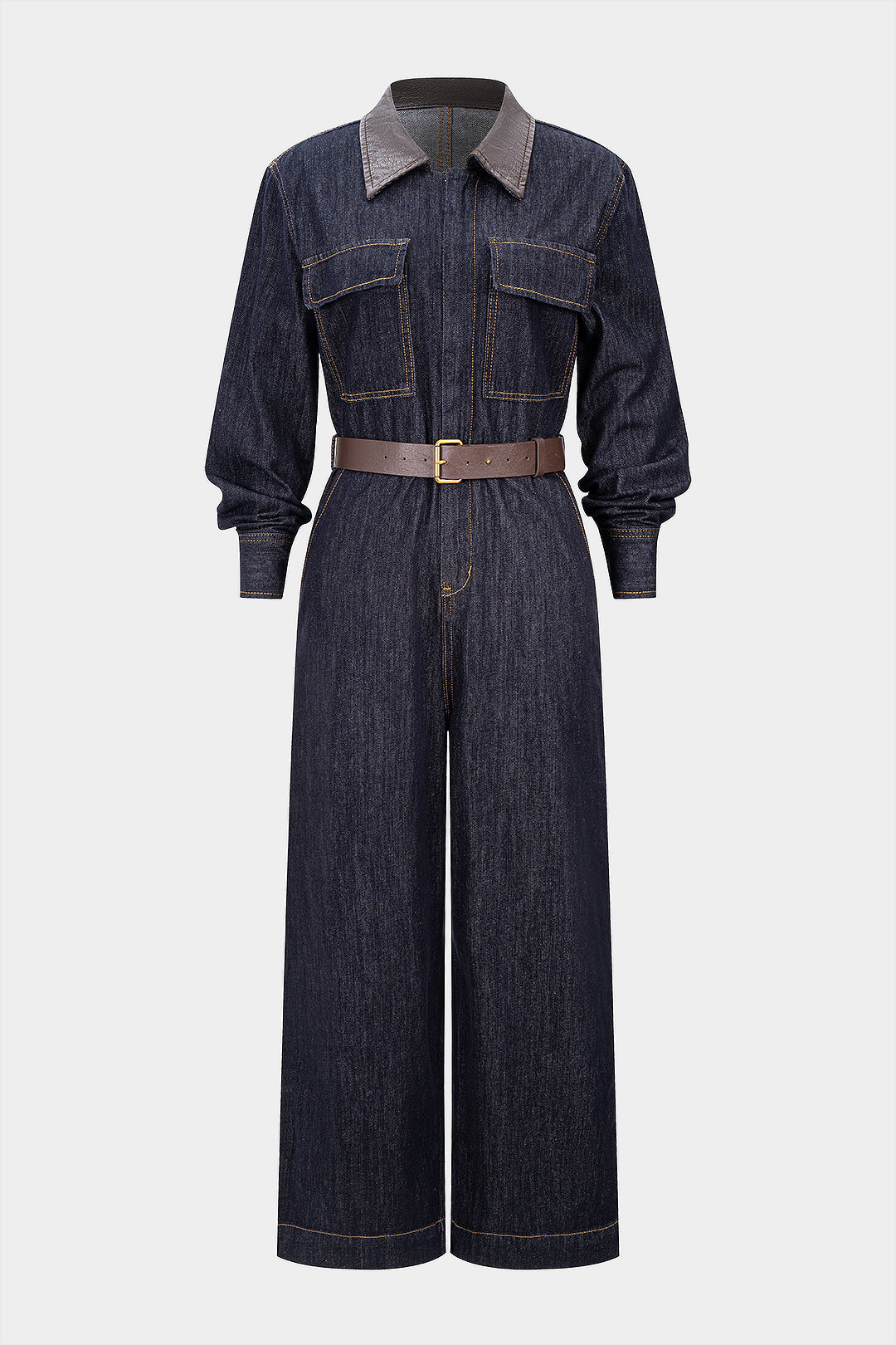 "Denim Faux Leather Patchwork Belted Long-Sleeve Jumpsuit"