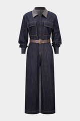 "Denim Faux Leather Patchwork Belted Long-Sleeve Jumpsuit"