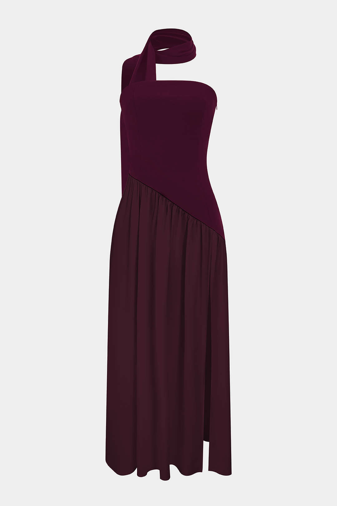"Contrast Satin Ruched Slit Strapless Maxi Dress"
