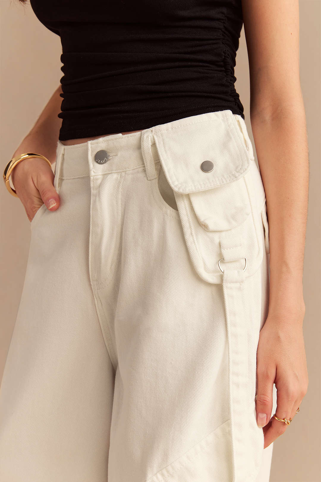 "Denim Asymmetrical Pocket Wide Leg Jeans"