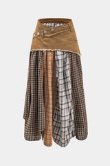 "Color Block Plaid Print Denim Patchwork Asymmetrical Skirt"