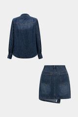 "Denim Button Long-Sleeve Top And High Waist Mini Skirt Set"