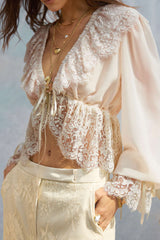 "Chiffon Patchwork Lace Trim Drawstring Long Sleeve Shirt"