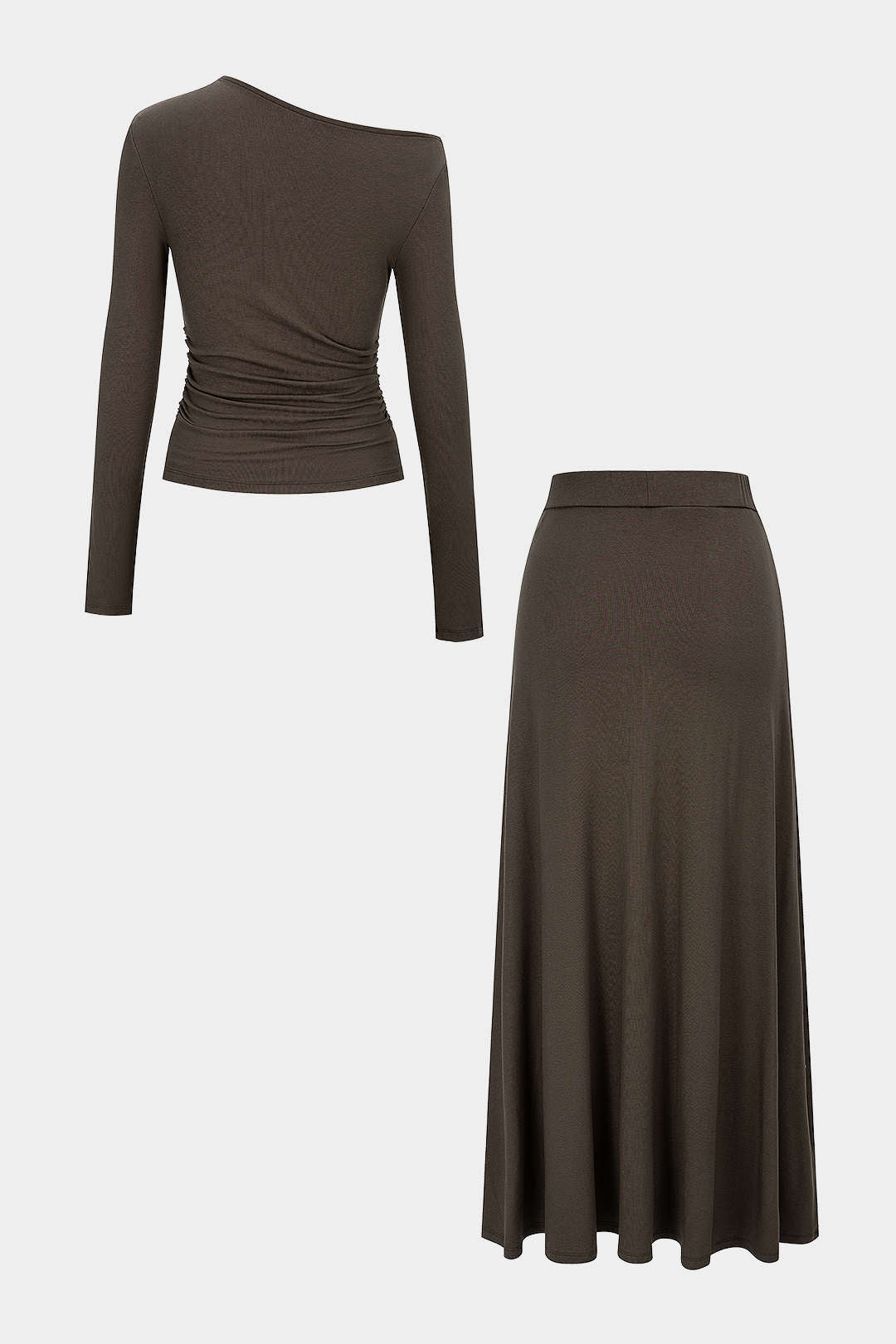 "Asymmetrical Neck Long-Sleeve Top And Stitching Detail Skirt Set"