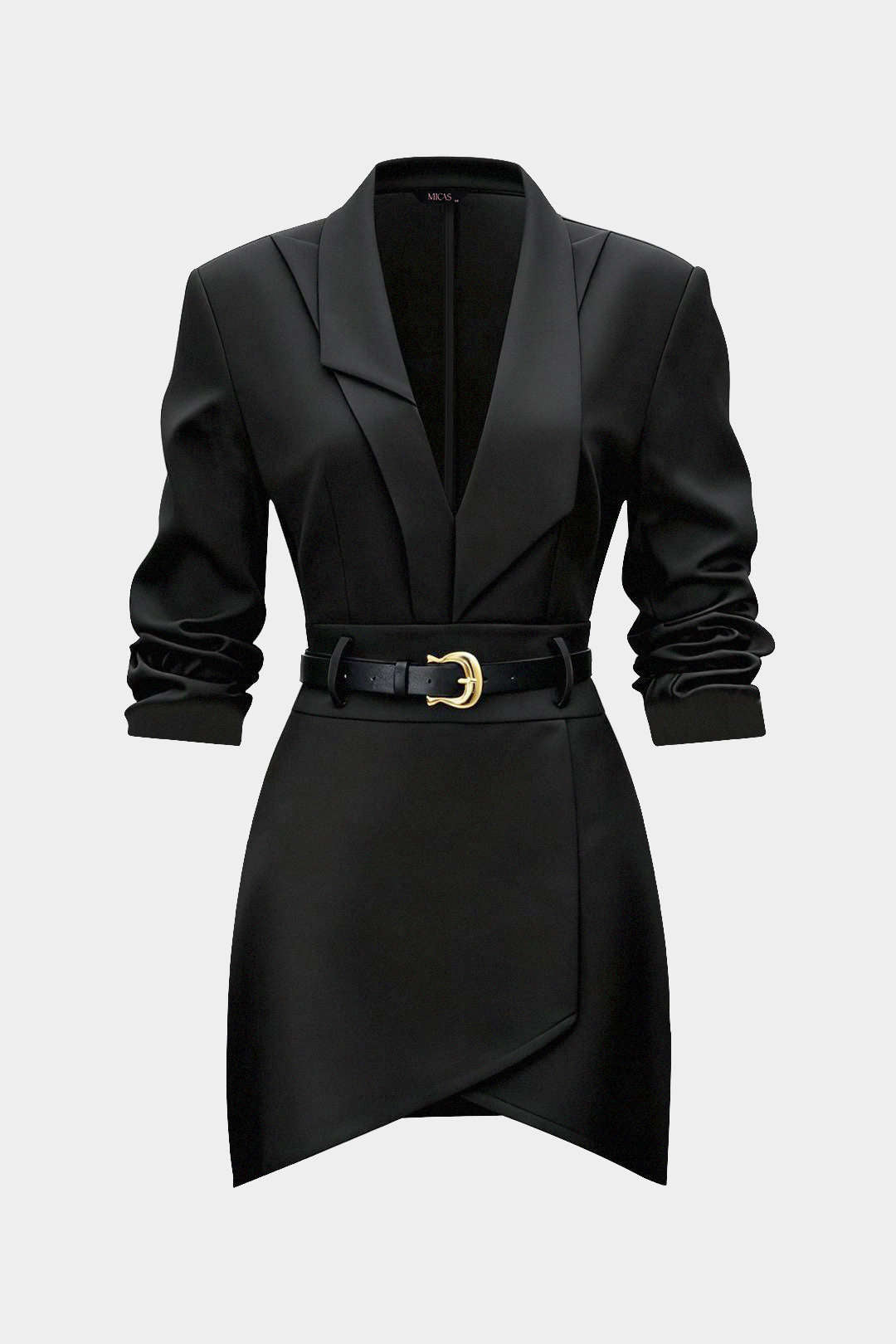 "Asymmetrical Notched Lapel Belted Long Sleeve Mini Dress"