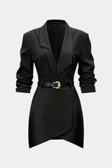 "Asymmetrical Notched Lapel Belted Long Sleeve Mini Dress"