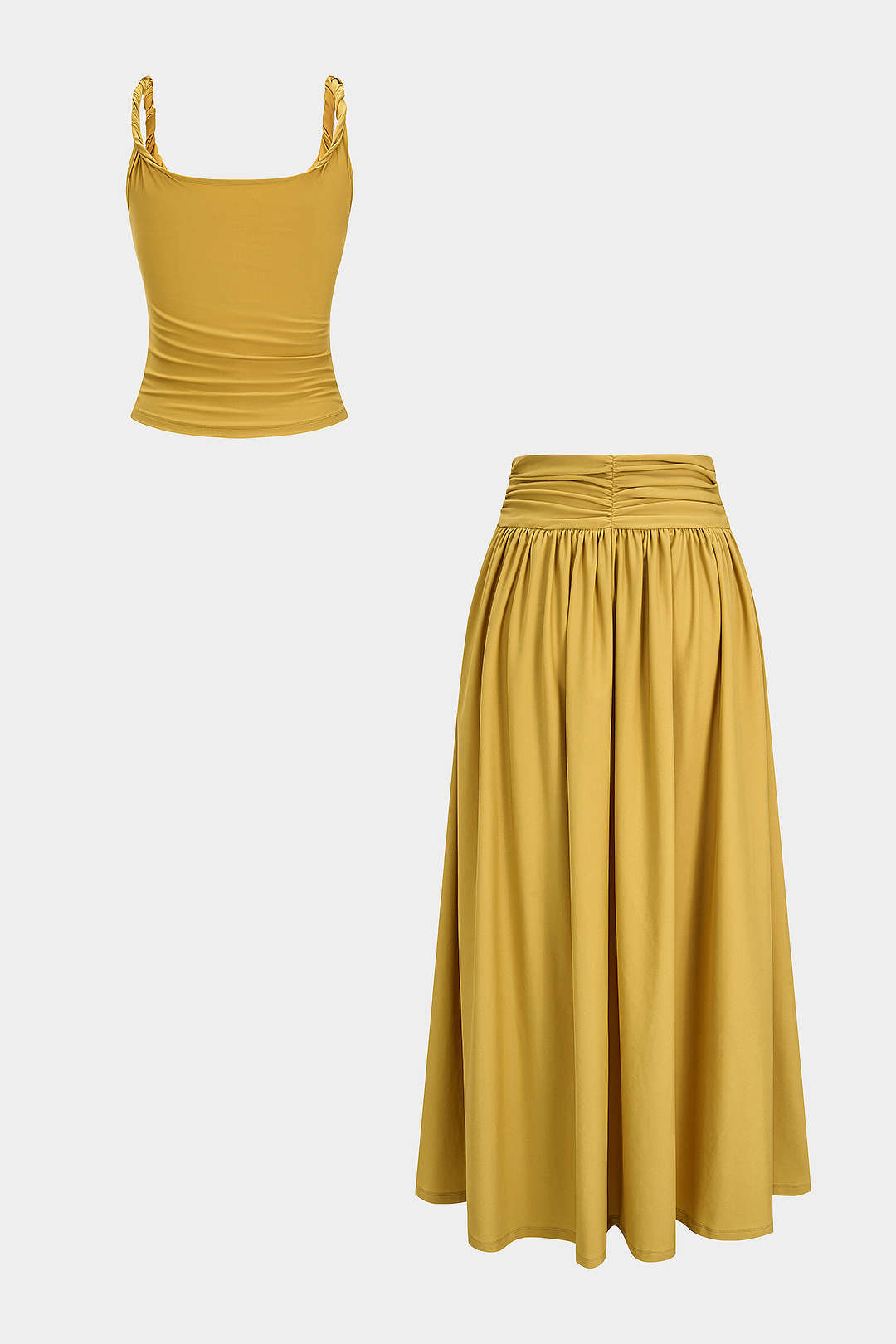 "Asymmetrical Ruched Twist Knot Cami Top And Ruched Skirt Set"