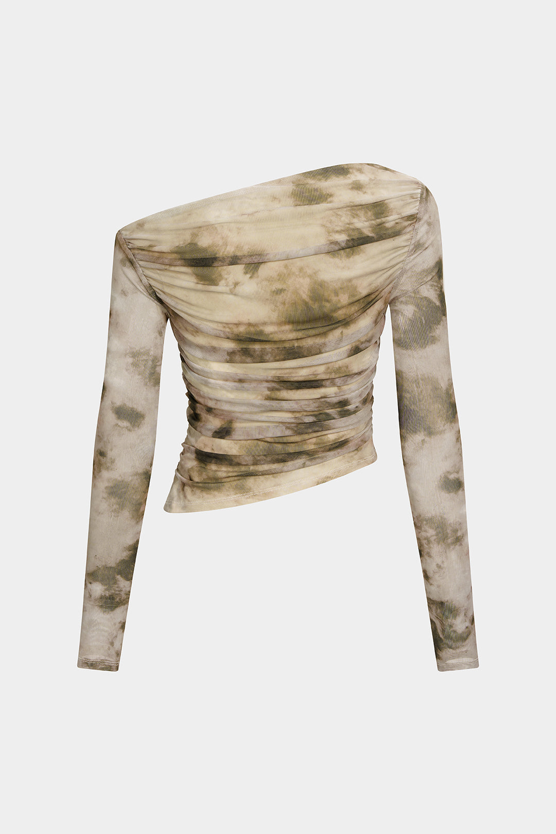 "Abstract Print Mesh Off Shoulder Ruched Asymmetrical Long-Sleeve Top"