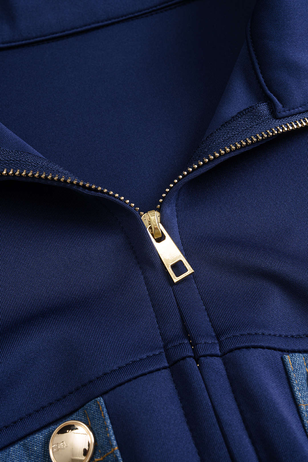 "Contrast Print Denim Patchwork Smocked Zipper Jacket"