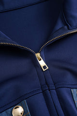 "Contrast Print Denim Patchwork Smocked Zipper Jacket"