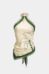 "Contrast Floral Print Satin Halter Neck Tie-Up Backless Tank Top"