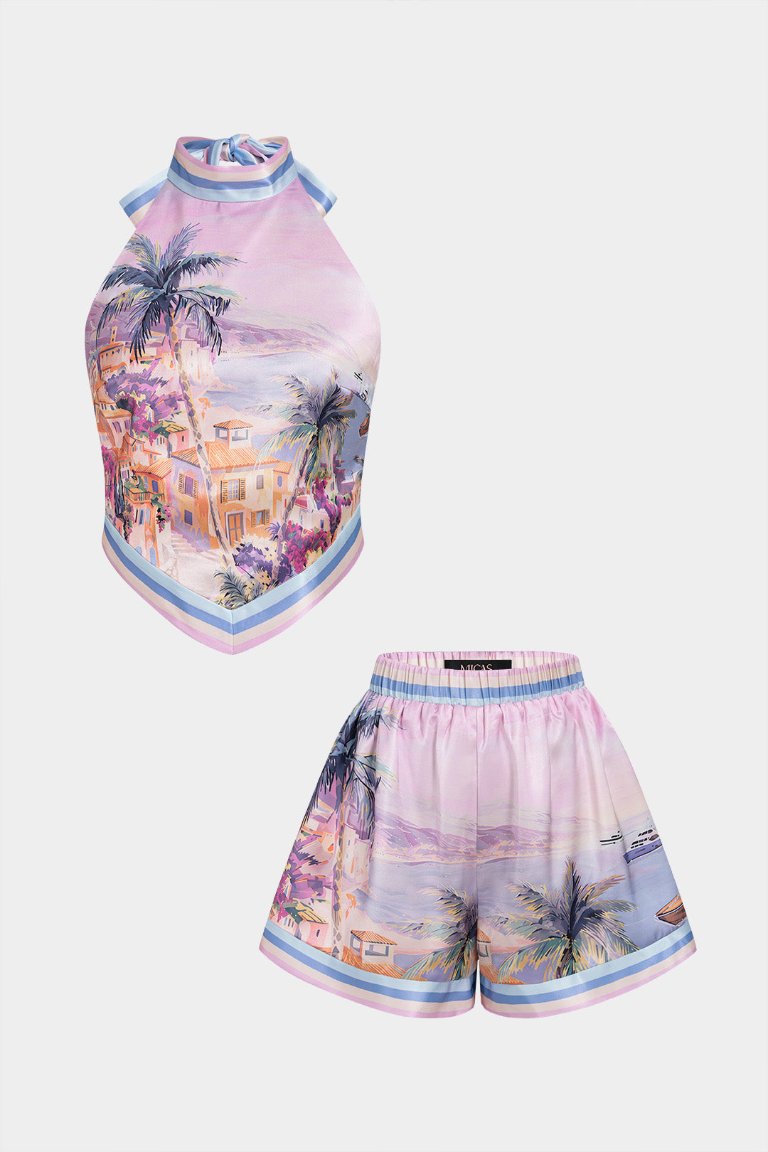"Artistic Floral Print Halter Neck Tie-Up Top And Shorts Set"