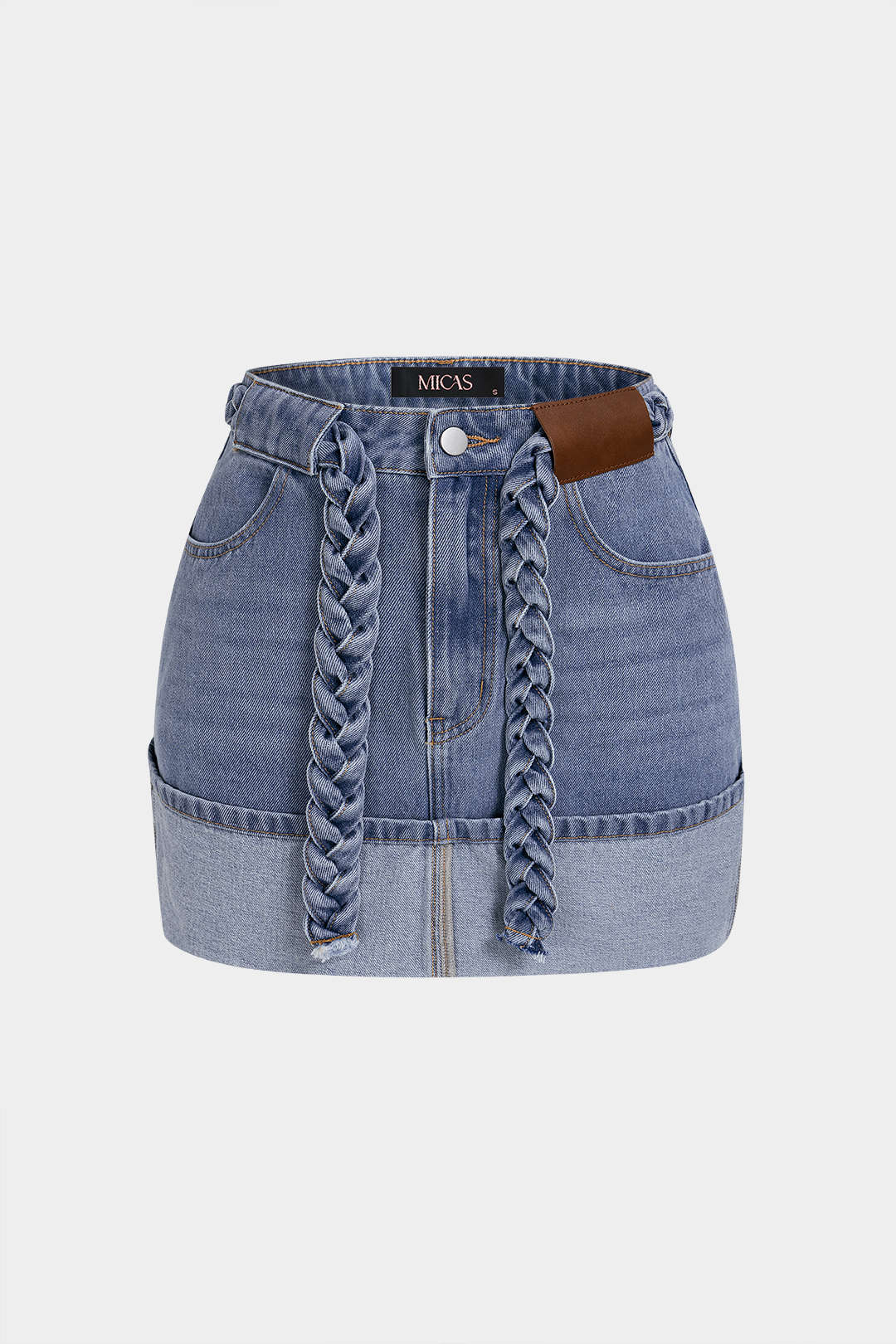 "Denim Braided Belted Pocket Skirt"