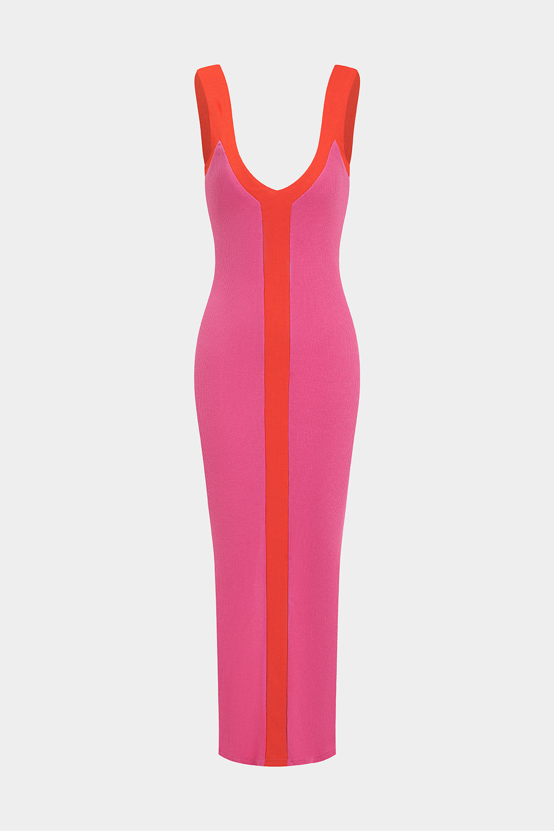 "Colorblock V-neck Ribbed Split Maxi Dress"