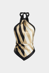 "Contrast Stripes Print Satin Halter Neck Backless Tank Top"