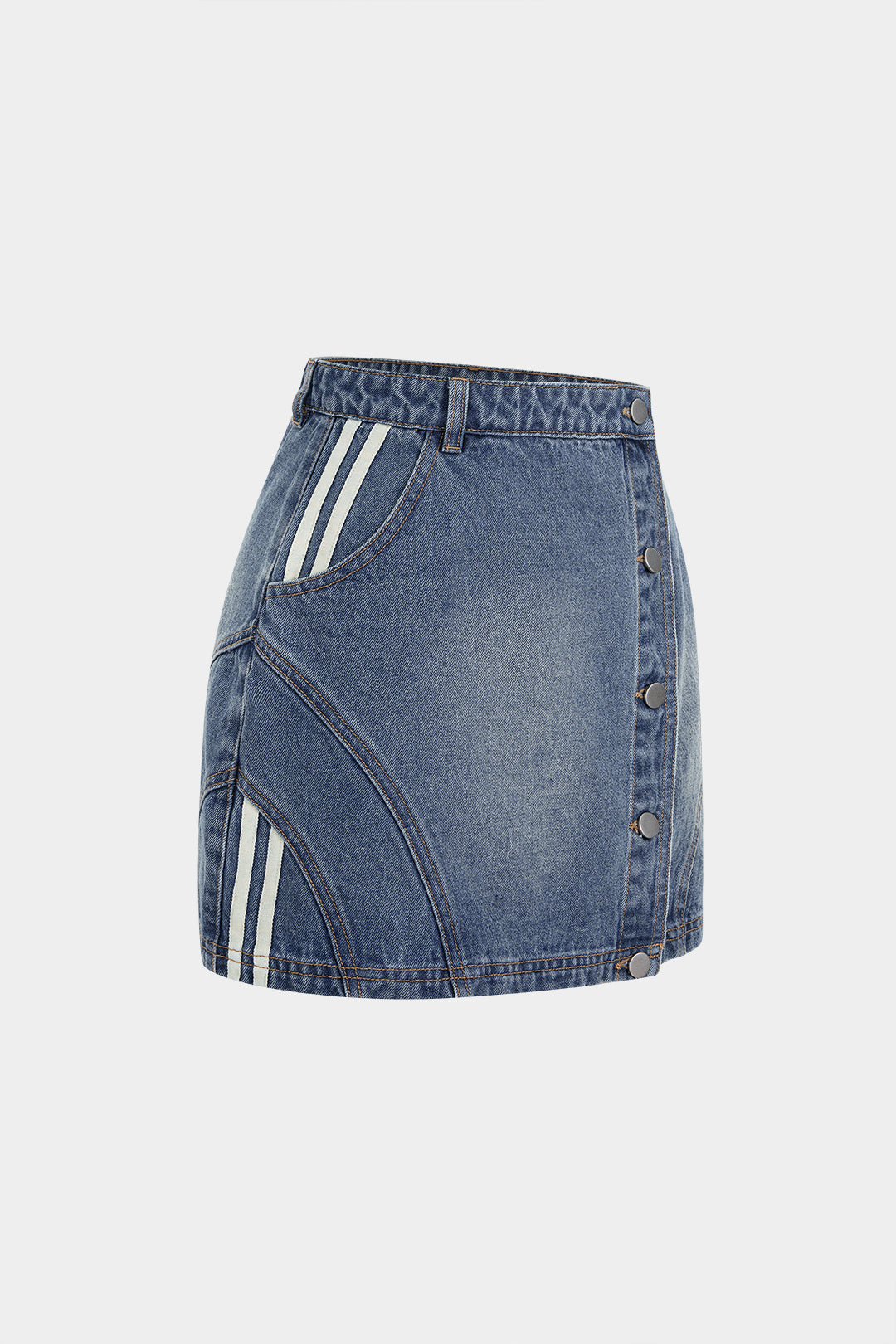 "Denim Asymmetrical Seamdetail Button Skirt"