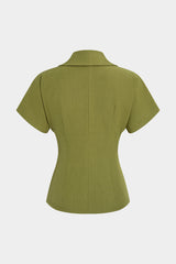 "Asymmetrical Lapel Metallic Button Short-Sleeve Shirt"