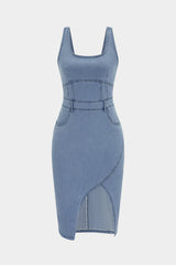 "Denim Asymmetrical Slit Backless Slip Sleeveless Midi Dress"