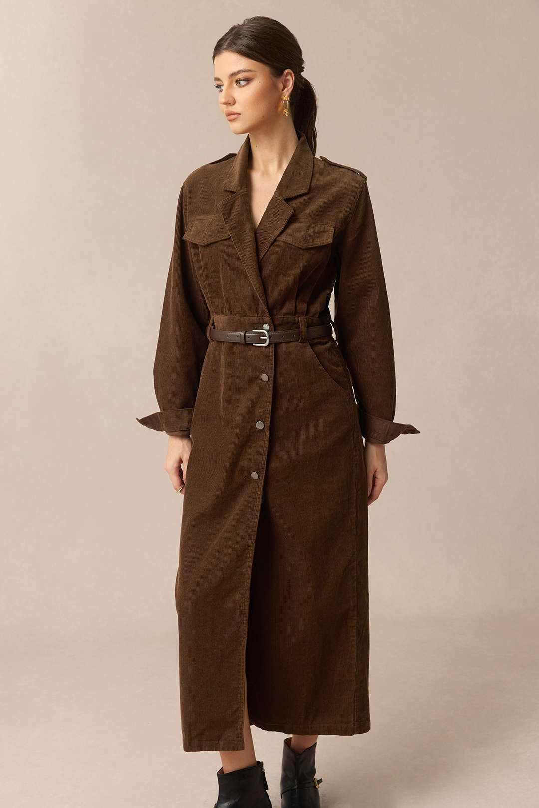 "Corduroy Notched Lapel Button Pocket Belted Long Sleeve Midi Dress"
