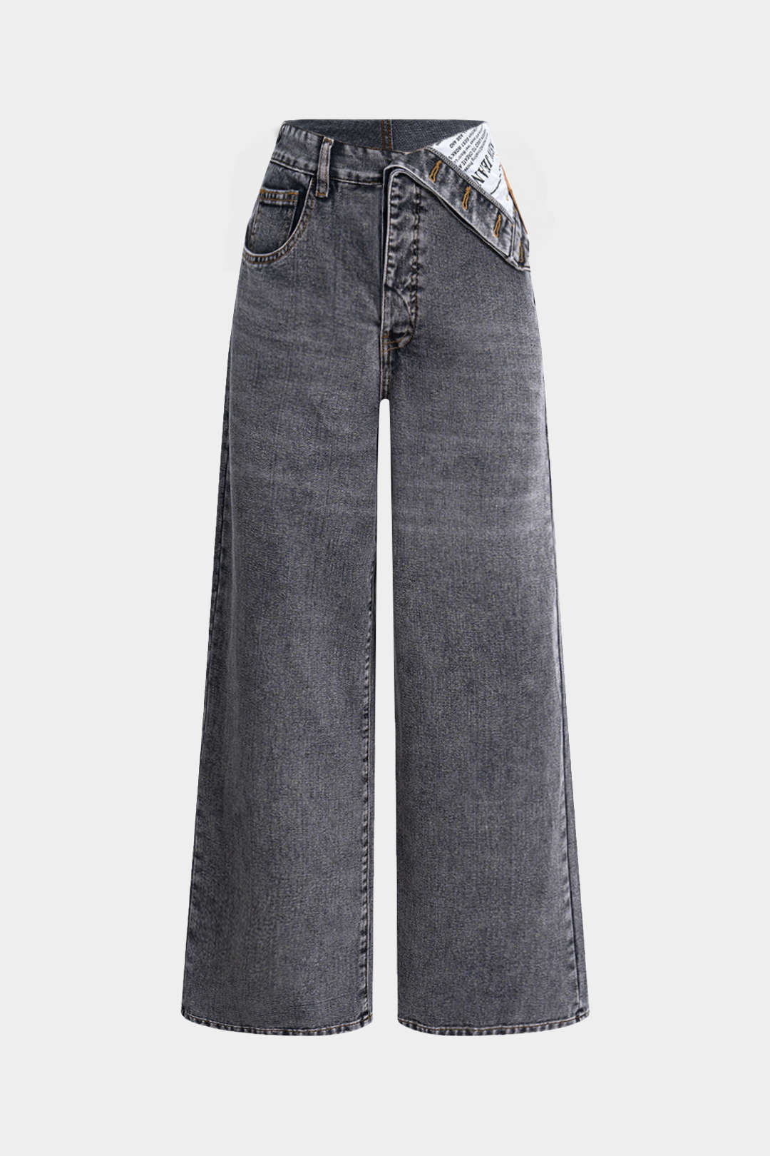 "Denim Asymmetrical High Waist Straight Leg Jeans"