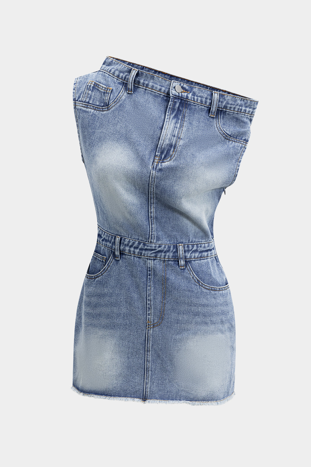 "Denim Asymmetric Neckline Mini Dress"