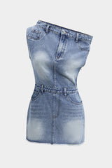 "Denim Asymmetric Neckline Mini Dress"