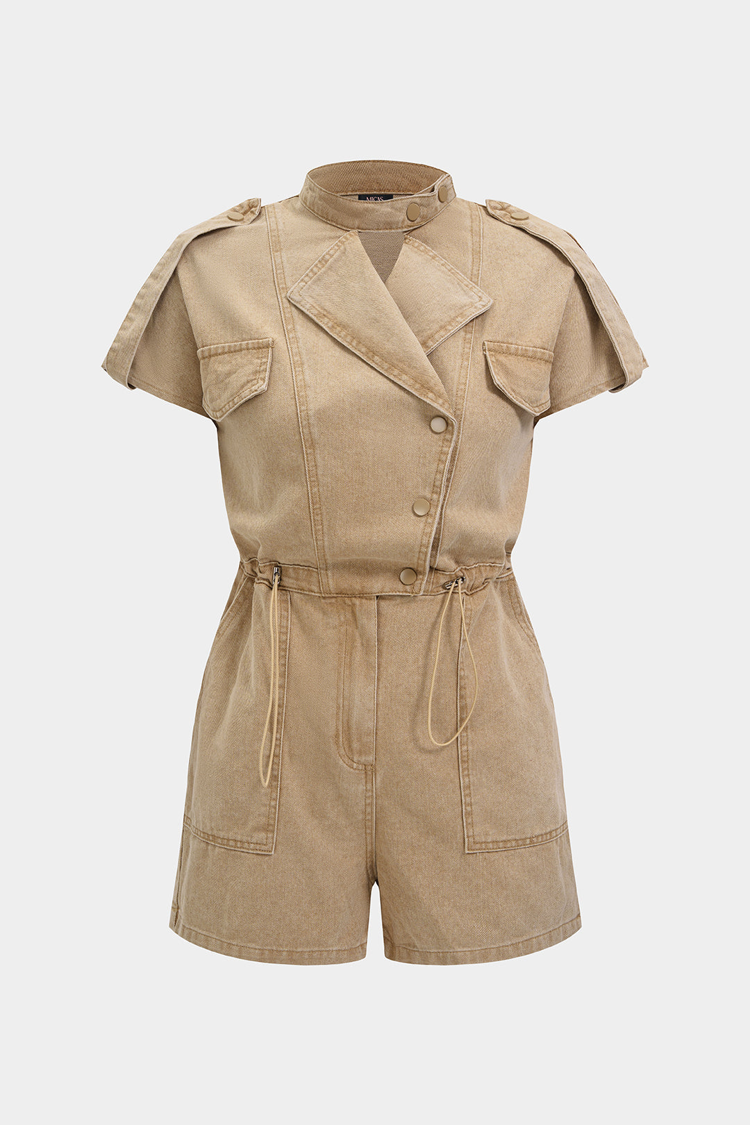 "Denim Lapel Button Pocket Drawstring Short Sleeve Romper"