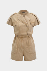 "Denim Lapel Button Pocket Drawstring Short Sleeve Romper"