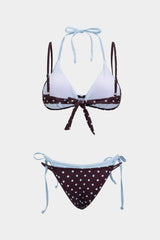 "Color Block Polka Dots Print Tie-Up Bikini Set"