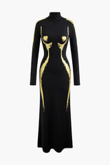 "Body Print Turtle Neck Long Sleeve Maxi Dress"