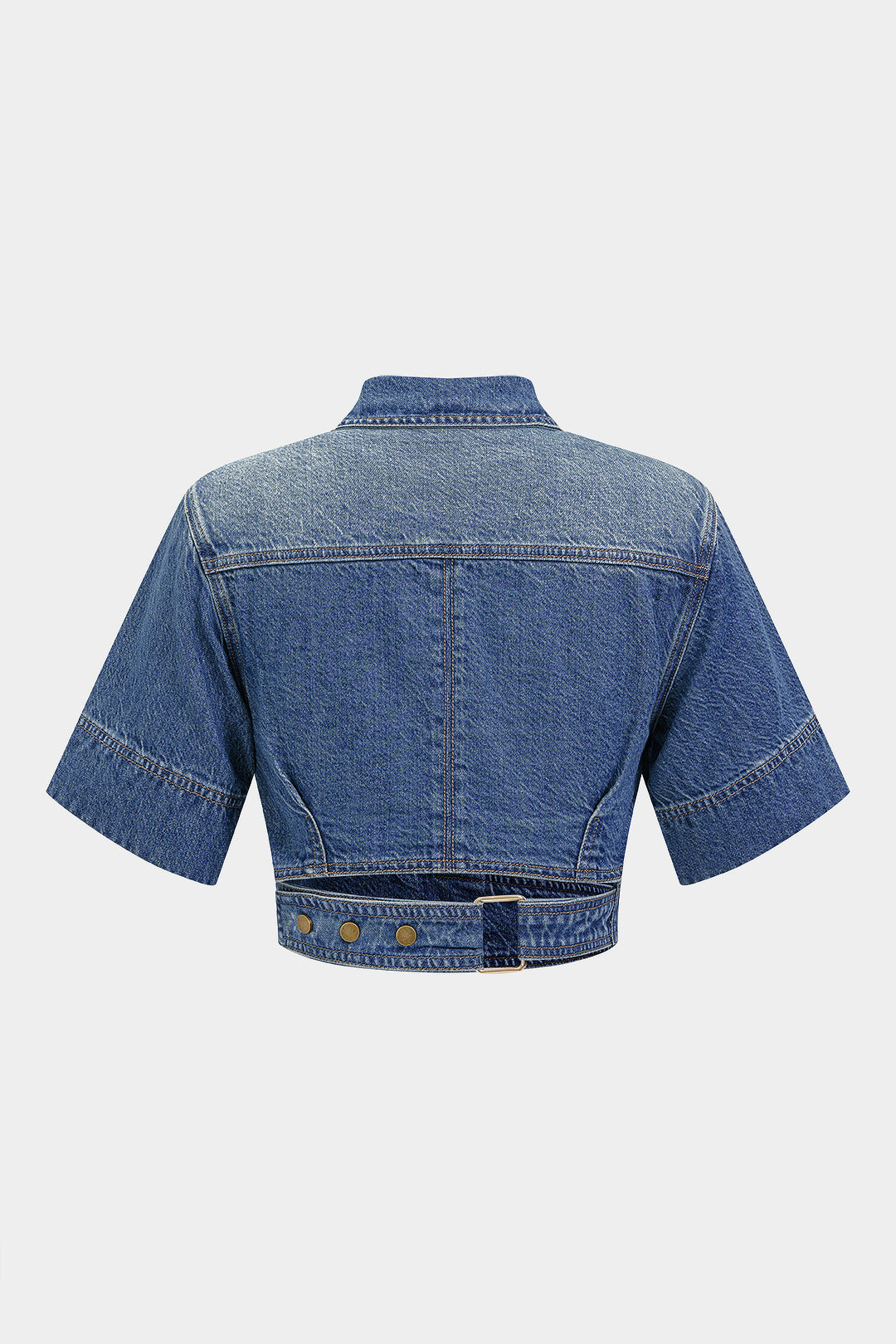 "Denim Lapel Button Short Sleeve Cropped Shirt"