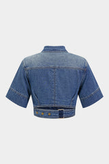 "Denim Lapel Button Short Sleeve Cropped Shirt"
