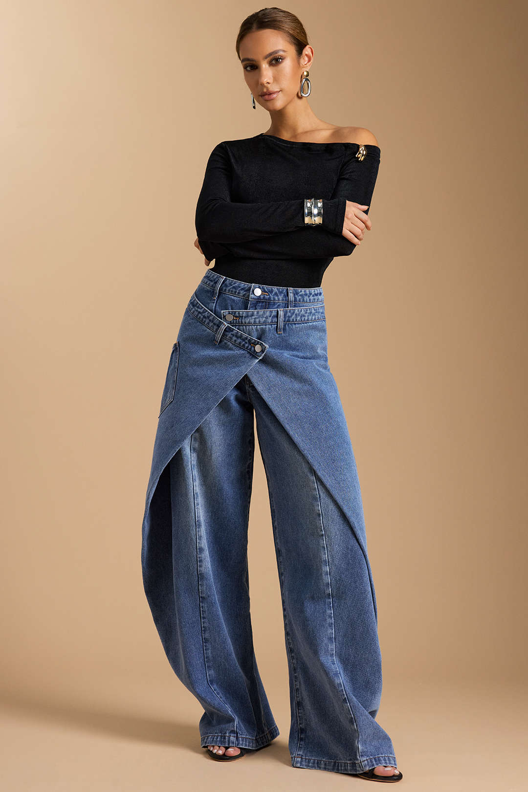 "Denim Asymmetric Button Jeans"