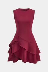 "Asymmetrical Round Neck Ruffle Hem Sleeveless Mini Dress"