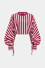 "Contrast Stripes Print Tie-Up Long Sleeve Sweatshirt"