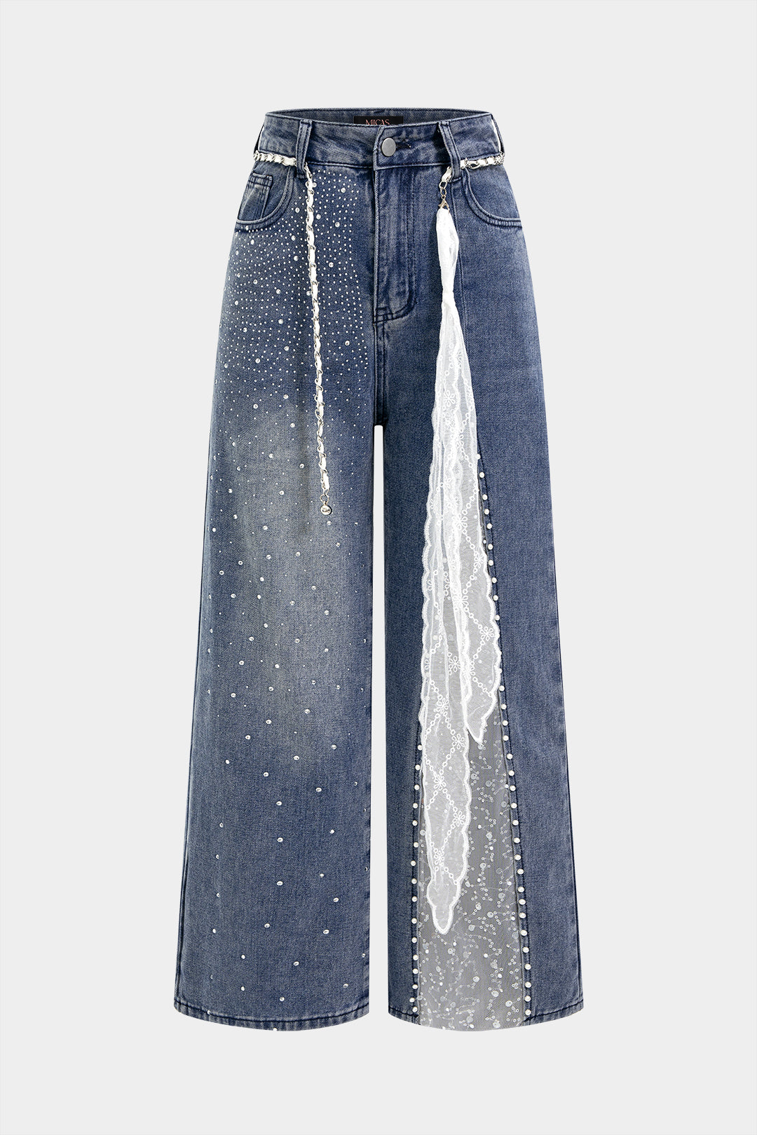 "Denim Mesh Patchwork Belted Asymmetrical Rhinestone Decor Jeans"