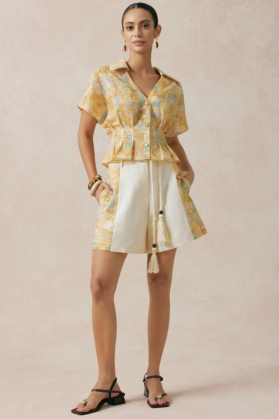 "Contrast Print Linen Wide Leg Shorts"